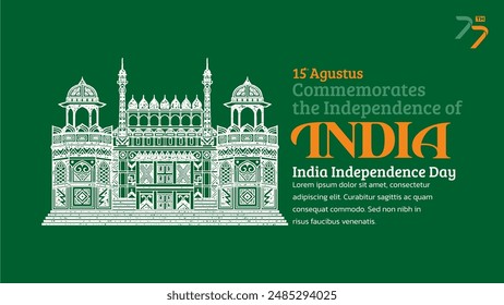 India Independence Day Banner. Hand-Drawn Red Fort with Trendy Stamp. 15th Agustus Celebration