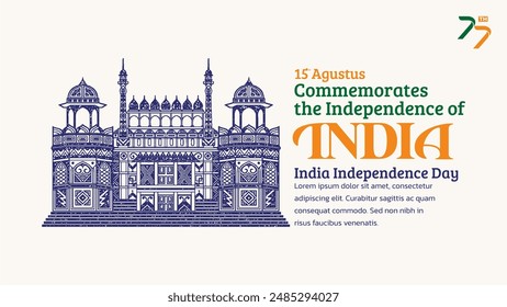 India Independence Day Banner. Hand-Drawn Red Fort with Trendy Stamp. 15th Agustus Celebration