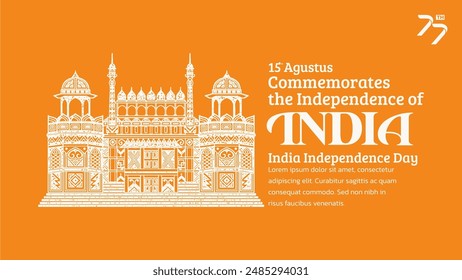 India Independence Day Banner. Hand-Drawn Red Fort with Trendy Stamp. 15th Agustus Celebration