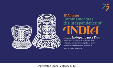 India Independence Day Banner. Hand-Drawn Meinl Tabla with Trendy Stamp. 15th Agustus Celebration