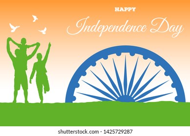 India Independence Day banner template. Silhouettes of people rejoicing. Father, mother and son outdoors. Three doves over a happy family in summer nature. 