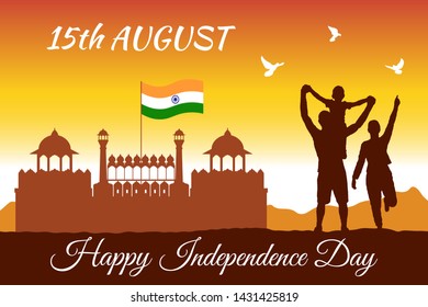 India Independence Day banner template. Silhouettes of people rejoicing. Father, mother and son outdoors. Three doves over a happy family in summer nature. 