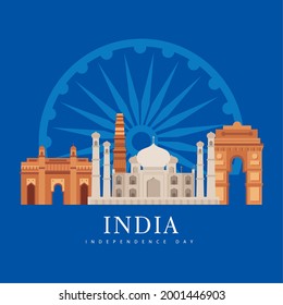 India independence day banner with temples and ashoka chakra