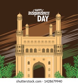 India independence day card with patriotic monuments and emblems, poster holiday. Gateway of India vector illustration