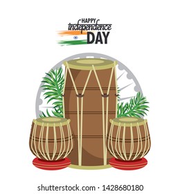 India independence day card with patriotic monuments and emblems, poster holiday. drums music instruments vector illustration