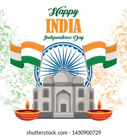 India independence day card with patriotic monuments and emblems, poster holiday vector illustration graphic