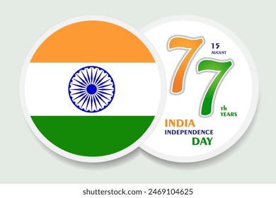 Día de la Independencia de la India, celebrar 77 años, insignia, etiqueta, pegatina, bandera, decoración, Vector