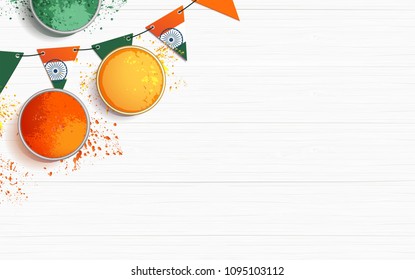 India Independence Day Celebration Background With Bunting Flags And Holi Powder. Festive Frame Flat Lay. Vector Illustration
