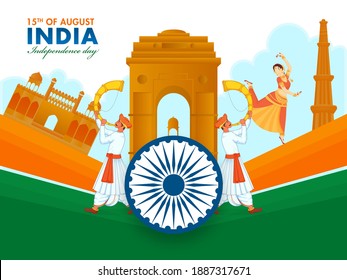 India Independence Day Celebration Background with Ashoka Wheel, Famous Monuments, Classical Dancer Woman and Men Blowing Tutari Horn.