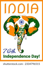 India Independence Day celebration banner with stylized elephant head, text and symbol of India, 15 August Day celebration of Independence of India.