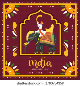 India Independence Day Celebration Concept With Tutari Player Man Riding At Elephant On Colorful Decorative Floral Vintage Frame Background.