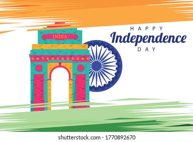 india independence day celebration with mosque arch and ashoka chakra vector illustration