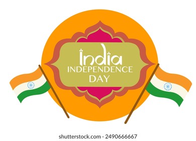  India Independence Day. India colorful text banner. Handwriting white India inscription and floral patterns, flat peacock and India flag. Festive frame in Arabic style