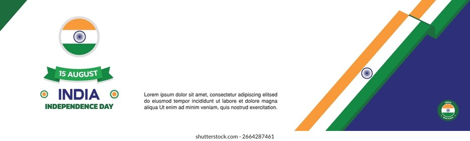  india Independence Day Design, August 15th design element template with waving ribbon flag on the right, india map and flag