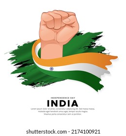 Diseño del Día de la Independencia de la India con una bandera con la mano. Vector de bandera ondulada de la India