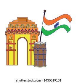 India independence day emblems gateway and drum with flag cartoons vector illustration graphic design