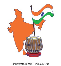 India independence day emblems map silhouette and flag with drum cartoons vector illustration graphic design