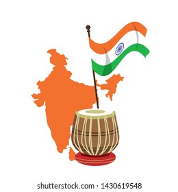 India independence day emblems map silhouette and flag with drum cartoons vector illustration graphic design