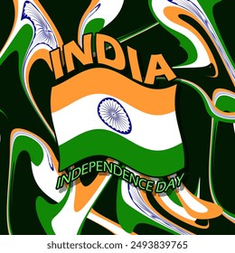 India Independence Day event banner. Indian flag flying on abstract dark green background to celebrate on August 15th