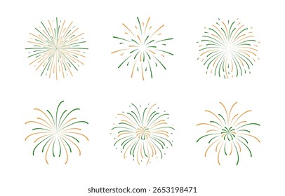 India independence day fireworks celebration Set. Orange green Firecracker in flat style. Blast explosion icon. Sparkles for poster banner card on Republic celebration. Simple lines splashes