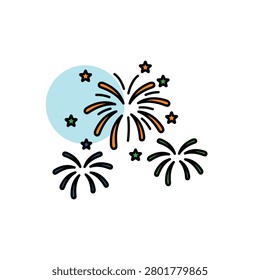 India Independence Day fireworks celebration icon, Tiranga patriotic festival vector illustration with sparkling bursts and stars, clean line art isolated on white for holiday design