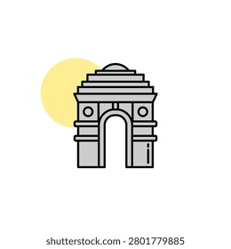 India Independence Day India Gate landmark icon, Tiranga patriotic architecture vector illustration with clean outline style isolated on white for national holiday design element graphic