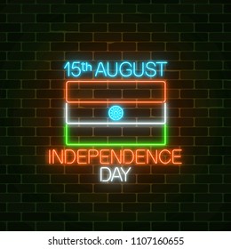 India independence day glowing neon sign with indian flag and text. National India holiday greeting card in neon style. 15th august holiday banner. Vector illustration.