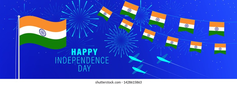 August 15 India Independence Day greeting card. Celebration background with fireworks, flags, flagpole and text.