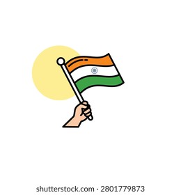 India Independence Day hand waving flag icon, Tiranga patriotic gesture vector illustration with saffron white green colors, clean line art isolated on white for holiday greeting design