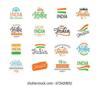 India independence day. Handmade lettering logo templates big set. Hand written calligraphy. 15th August badge, emblem, sticker label. Isolated vector design elements for greeting cards, banners.