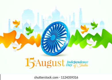 India independence day illustration. Ashoka wheel, fluid waves and doves in the colors of the indian national flag against a background with indian architecture landmarks. Vector illustration.