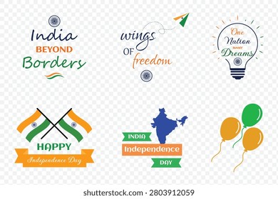 India Independence Day Illustration Collection, Patriotic Elements, 15 August Celebration Vector.
