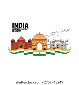 India independence day illustration featuring iconic landmarks and national flag