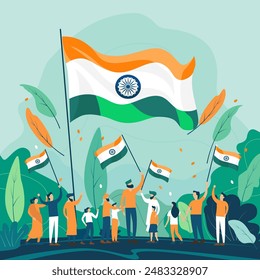 India Independence day illustration with flag and people