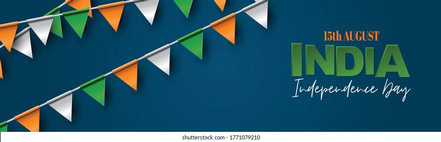 India Independence Day. Indian national August 15th holiday celebration banner with orange, white, and green bunting flags. Vector illustration.