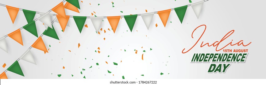 India Independence Day. Indian national August 15th holiday celebration banner with orange, white, and green bunting flags. Vector illustration.