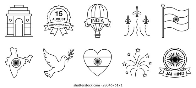 India independence day line icon set containing 15 august badge, india gate, flag, map, jet flypast, hot air balloon, dove, heart, fireworks, ashoka chakra vector illustration.