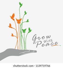 India Independence day, A message  "Grow the peace" with tree branch and pigeons