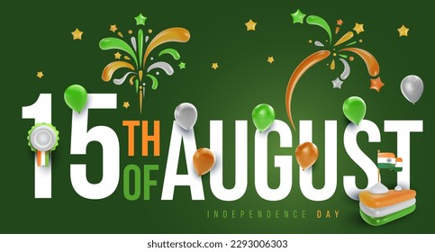 India independence day minimal concept design in 3d cartoon realistic style. 15th of August background template. Celebration vector illustration for banner, poster, card. Bright festive composition.
