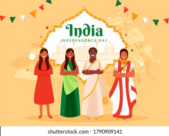 India Independence Day Poster Design with Different Religion Female Group and Line Art Famous Moniuments on Pastel Orange Background.