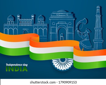 India Independence Day Poster Design with Tricolor Ribbon, Ashoka Wheel, Paper Cut Famous Monuments and Tutari Player Man on Blue Background.