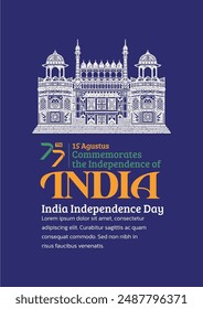 India Independence Day Poster. Hand-Drawn Red Fort with Trendy Stamp. 15th Agustus Celebration, 77th of india.