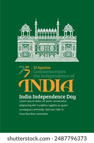 India Independence Day Poster. Hand-Drawn Red Fort with Trendy Stamp. 15th Agustus Celebration, 77th of india.