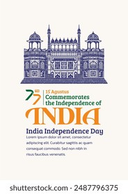 India Independence Day Poster. Hand-Drawn Red Fort with Trendy Stamp. 15th Agustus Celebration, 77th of india.