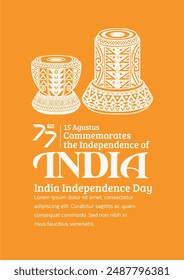 India Independence Day Poster. Hand-Drawn Meinl Tabla with Trendy Stamp. 15th Agustus Celebration, 77th of india.