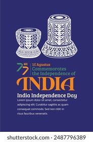 India Independence Day Poster. Hand-Drawn Meinl Tabla with Trendy Stamp. 15th Agustus Celebration, 77th of india.