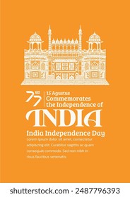 India Independence Day Poster. Hand-Drawn Red Fort with Trendy Stamp. 15th Agustus Celebration, 77th of india.