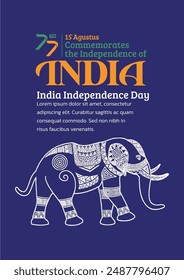 India Independence Day Poster. Hand-Drawn Indian elephant with Trendy Stamp. 15th Agustus Celebration, 77th of india.