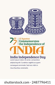 India Independence Day Poster. Hand-Drawn Meinl Tabla with Trendy Stamp. 15th Agustus Celebration, 77th of india.