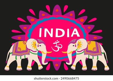 India Independence Day poster on a black background. Festive Indian elephants in festive clothes. Pink floral ornament and inscription. Traditional animal of India